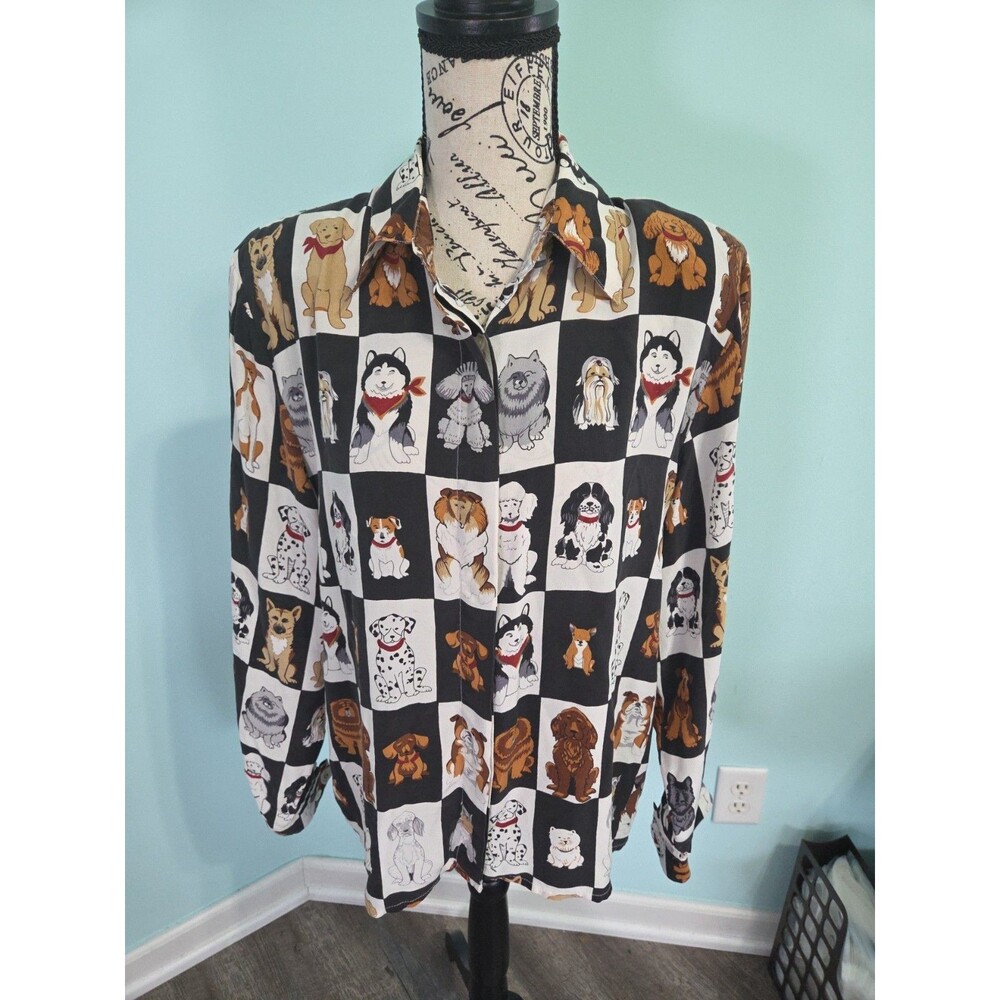 Dog print blouse by Piano 100% Silk vintage medium